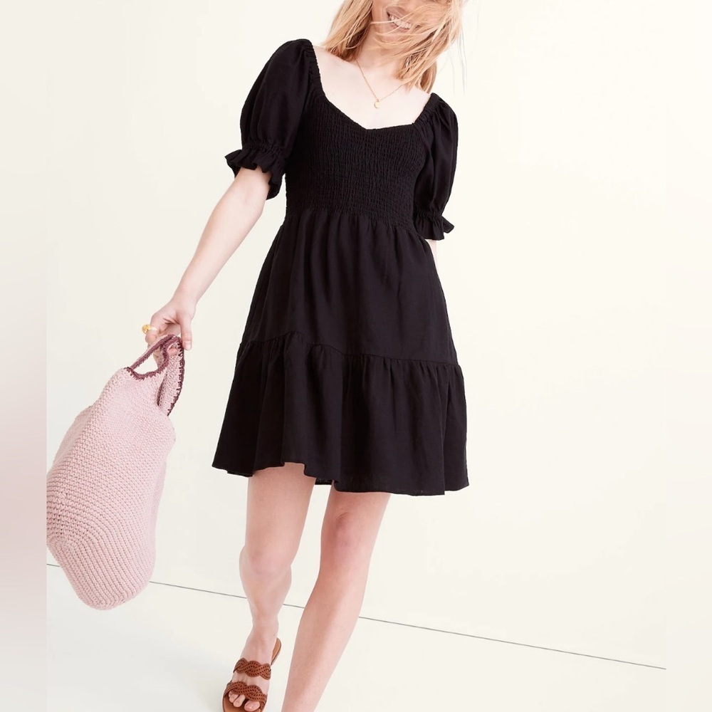 MADEWELL Linen-Blend Lucie Smocked Mini Dress 🖤🐼✔️